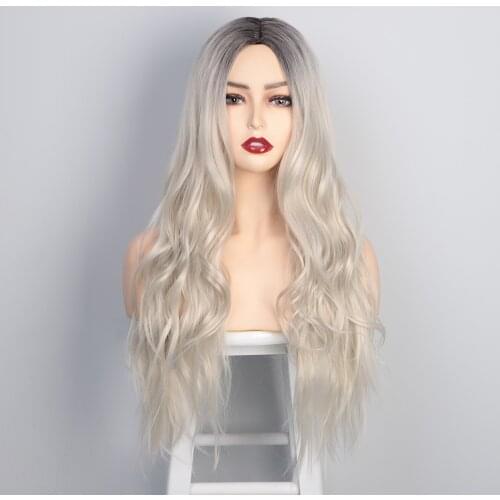 AISI BEAUTY Synthetic Wigs Blonde Long Water Wavy Synthetic Wigs for Women Black Gray and Red Middle Point Natural Hairline Wigs
