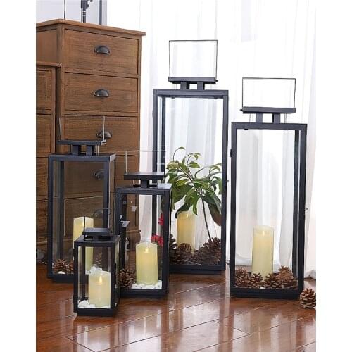Modern Simple Black Iron Candle Holders Retro Wind Proof Lamp Candlestick Glass Lantern Horse Lamp Wedding Props Home Decoration
