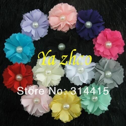 2" Cute Pearl Center Chiffon Tulle Mesh hair flower DIY Flower for headband 65pcs/lot mix 13colors, free shipping