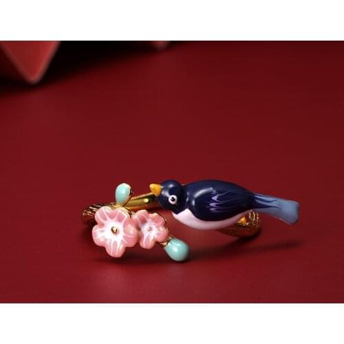 Vintage Elegant Chinese Style Magpie Flower Rings For Women Adjustable Cute Lovely Bird Opening Enamel Jewelry Accessories