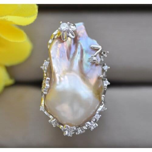 Z10743 Big 32mm Lavender Baroque Keshi Pearl Ring CZ