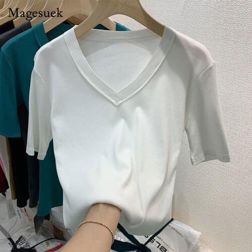 2021 Summer New Threaded T-shirts for Women Solid V-neck Cotton Short Sleeve T-shirt Casual Simple Knitted Tops Blusas 15913
