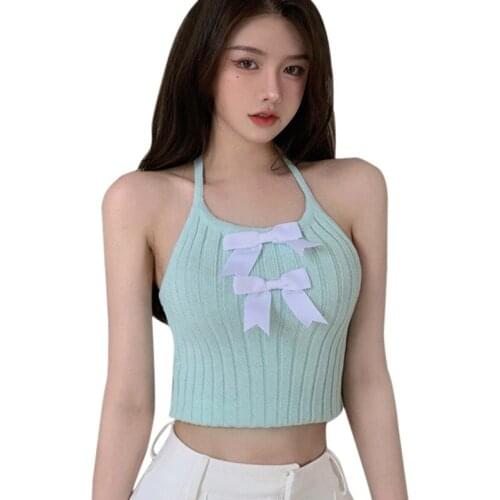 Womens Solid Halter Sexy Slim Exposed Navel Knitted Camisole Tank Top Spaghetti Strap Camisole with Bow sleeveless solid color
