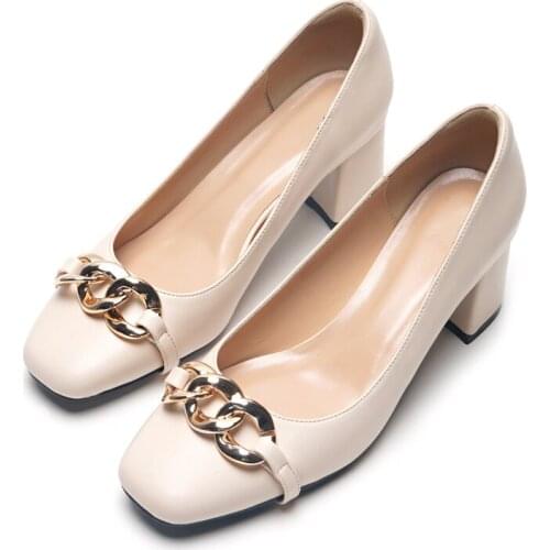 Classic Bridal Wedding Shoes Woman Metal Square Head Decoration Pumps Chunky Shoes Ladies Size 33-42 Brown Apricot Beige