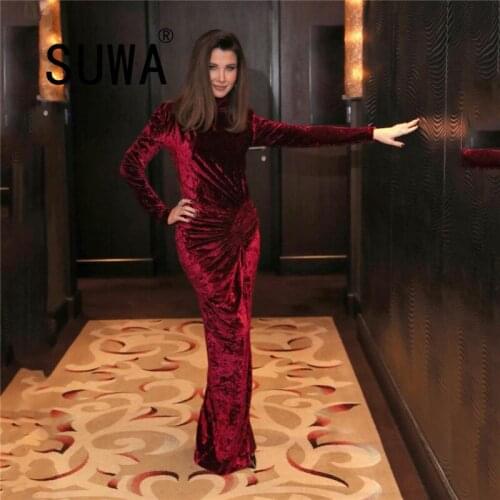 INS Solid Color Velvet Woman Dress Fall Winter 2021 New Product Long Sleeve Evening Party And Wedding Bodycon Midi Dresses