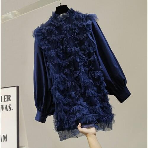 Women Autumn Fall Dress High-End Elegant Lantern Sleeve Mesh Stitching Tassels Large Size Loose Dress Dresses Femme