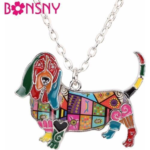 Bonsny Statement Enamel Alloy Basset Hound Dog Necklace Pendants Choker Chain Collar Fashion Jewelry Animal Souvenir For Women