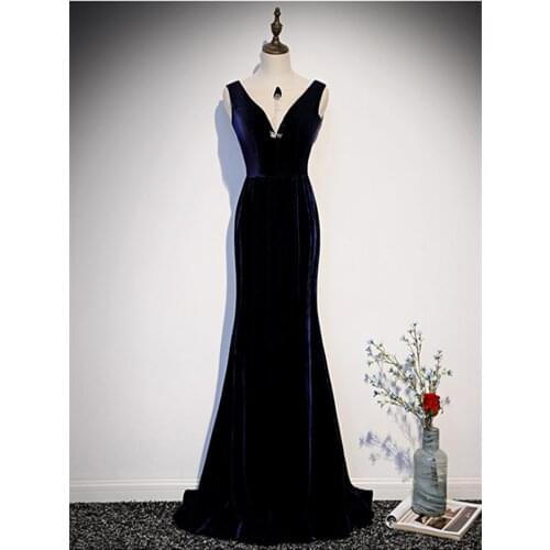 Vestido De Festa Scoop Neck Evening Dresses Long Dress 2020 Fashion See Sheer Back Robe De Soiree Navy Blue Velvet Evening Dress