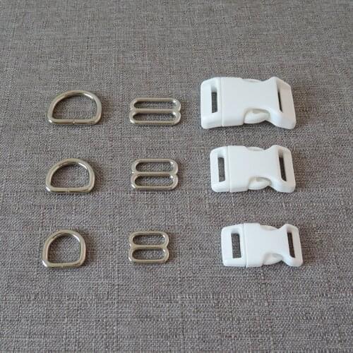 10Sets/Lot 15mm 20mm 25mm Plastic Buckle Metal D Ring Adjuter Straps Belt Slider For Pet Dog Collar Necklace Harness Accessory