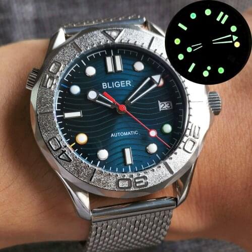 41mm Japan NH35A Mechanical Automatic Mens Watch Sapphire Crystal Blue Dial Multicolor Dial Marks Green Luminous Alloy Insert