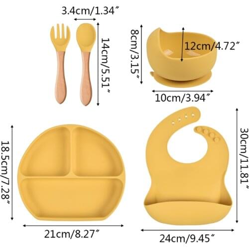 5 Pcs Baby Silicone Bibs Divided Dinner Plate Sucker Bowl Spoon Fork Tableware