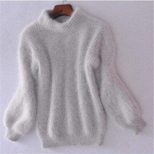 White Mohair Thicken Turtleneck Sweater Autumn Winter Sweet Fashion Lantern Sleeve Casual Solid Color Pullover Pull Femme