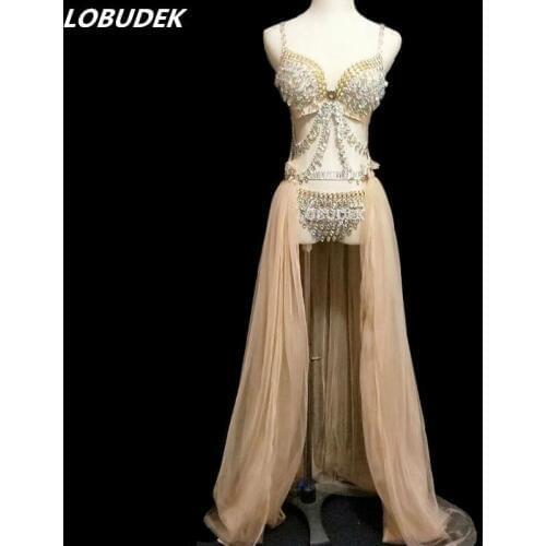 Shining Rhinestones Bikini Crystals Bra Shorts Long Trailing Skirt Nightclub DJ Singer Host Stage Outfit Party Catwalk Costumes