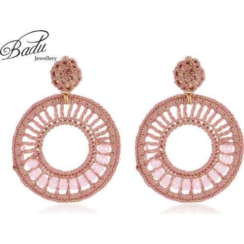 Badu Big Round Crochet Earrings for Women Hollowing Circle Pendant Dangle Drop Earrings Vintage Fashion Jewelry Gift for Girls