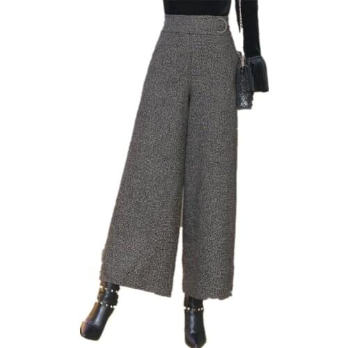Women Black Plaid Woolen Wide Leg Pants Warm Thick Autumn Winter Loose Trousers Office Ladies Zipper Fly Formal Pants Bottoms
