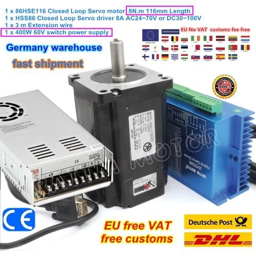 DE Nema 34 8N.m 1230oz-in Closed Loop Servo motor 6A 2-Phase & HSS86 Hybrid Stepper Motor Driver & 400W 60V Power Supply CNC Kit