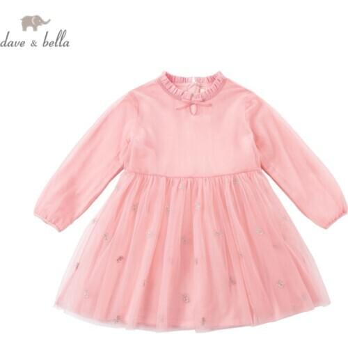 DKY17161-2 dave bella spring girls 5Y-13Y fashion bow floral embroidery dress children sweet dress kids infant lolita clothes