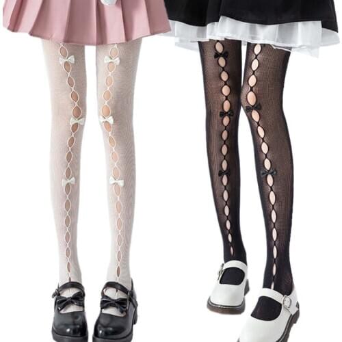 Women Teens Sheer Fishnet Pantyhose Hollow Out Lace Sweet Bowknot Lolita Kawaii Tights Perspective Stockings Leggings