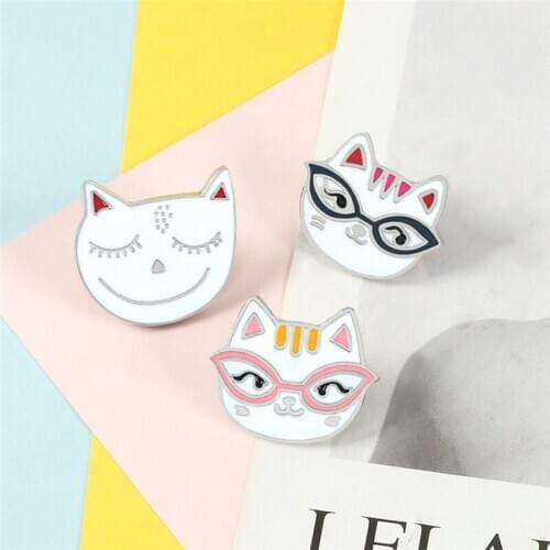 Cartoon Kitten Enamel Pin Lovely White Smile Glasses Cat Custom Brooches Lapel Pins Denim Shirt Bag Animal Badges Jewelry Gifts