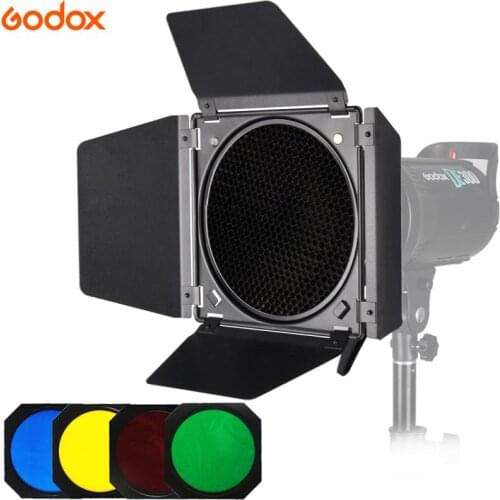 Godox BD-04 Barn Door + 4 Color Filter+Honeycomb Grid for Standard Reflector Photography Studio Flash Accessories