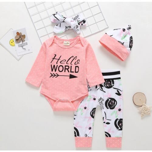 2019 Newborn Baby Girls Clothing Set Cotton Long Sleeve Hello World Romper+Pants+Headband 3Pcs Sets Infant Girls Clothes outfit