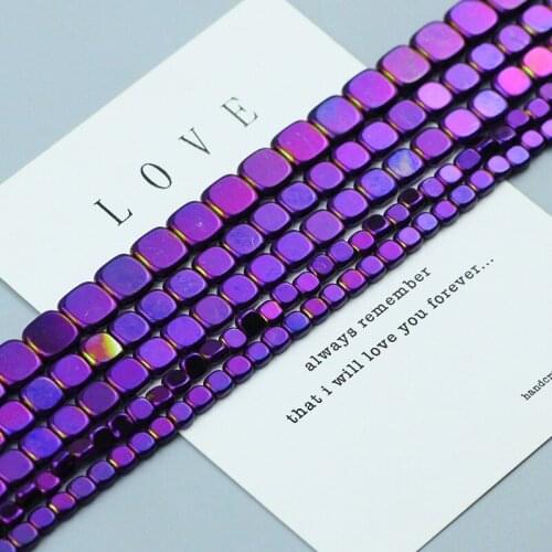 Purple Plating Hematite Square Beads Natural Stone Flat Spacer Loose beads for Jewelry Bracelet Making Pendant Accessories DIY