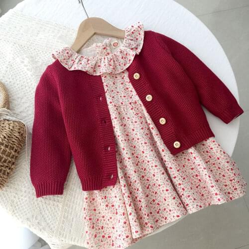2021 fashion autumn style foreign girl red knitted cardigan baby round neck outer baby kid children sweater coat girl clothes