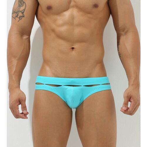 2020 Hot Men Solid Swim Briefs Sexy Gay Hollow Bikini Swim Shorts Sky Blue Low Rise Swimwear Ma Penis Pouch Bikini Swimsuit XXL