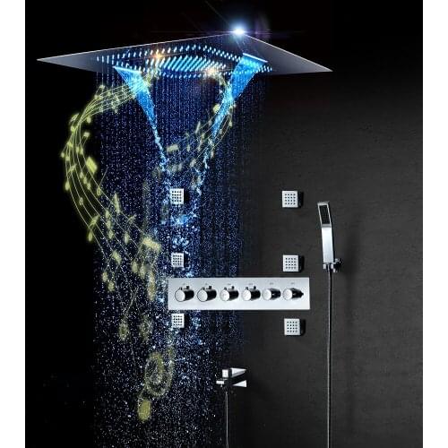Music Rain Shower System Large 31"x23" Waterfall Shower Panel Higt Pressure LED ShowerHeads Bathroom Thermostatic Faucets Chrome