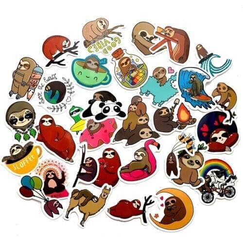 5 Sets=250PCS Cute Cartoon Sloth Stickers Trolley Case Water Cup Diary Computer Waterproof PVC Stickers