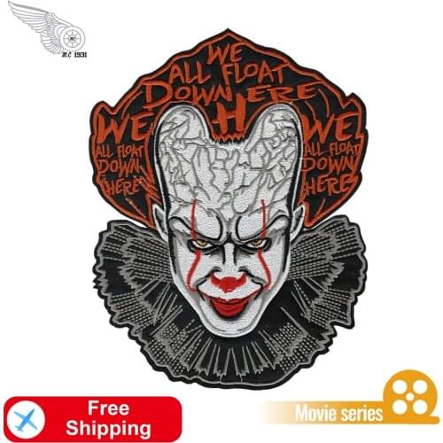 Clown We Are Float Here Pennywise Embroidery DIY Iron on Patch for Clothing Applique Motorcycle Biker Jacket Decoration Fashion