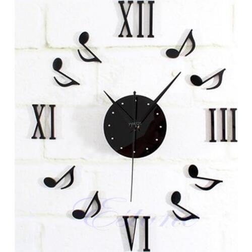 OOTDTY Modern DIY Music Note Mirror Surface Wall Clock Sticker Home Office Decor Black