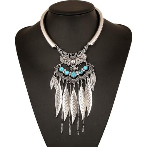 RE Hot Statement Alloy Bohemia Necklace Leaves Resin Ball Silver Color Fashion Women Jewelry Ethnic Style Pendant Necklace