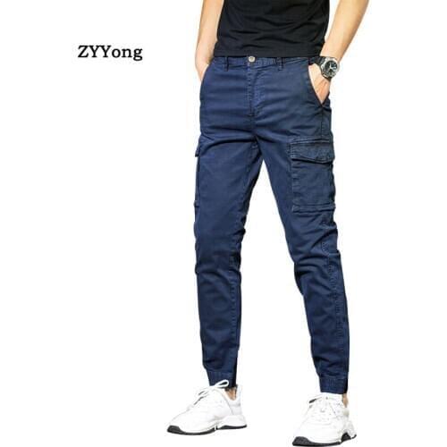 Casual Pants Men Cargo Pants Cotton Gray Blue Overalls Fashion Big Pocket Beam Feet Slim Military Sports Black Trousers