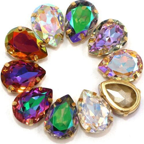 New arrivals Teardrop shape K9 glass crystal sew on rhinestones with gold Hollow frame DIY Handicrafts/clothing