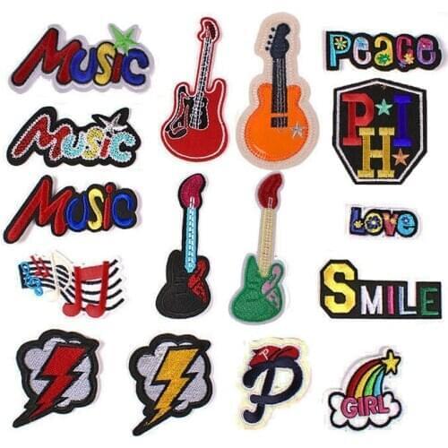 Music Guitar Note Patches Stickers Iron on Clothes Heat Transfer Applique DIY Embroidered Applications Cloth Fabric Sequin Patch