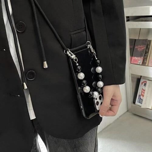 Black Color Long Beads Chain Necklace Phone Case For iPhone 11 12 Pro Max XR XS Max X 7 8 Plus SE2 Shock Proof Phone Back Cover