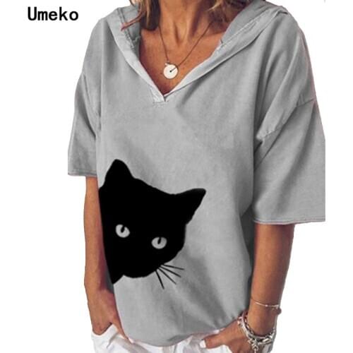 Umeko 2020 Autumn and Winter Women Fashion Casual Cat Print V-Neck Half Sleeve Blouses Hooded Pullovers T-shirt Tops Plus Size