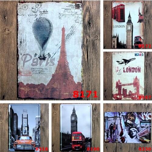 Vintage Metal Tin of Eiffel Tower Hot Air Balloon In Paris London Big Ben New York Statue of Liberty Shabby Chic Home Decor Sign