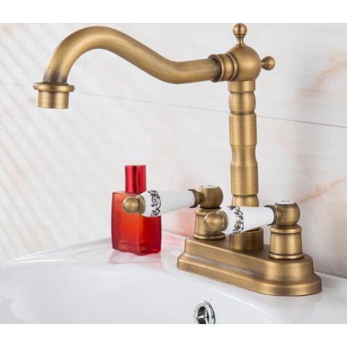 High Quality Hot & Cold Water Basin Faucets Deck Mounted Double Handle Bathroom Basin Mixer Tap Antique Crane