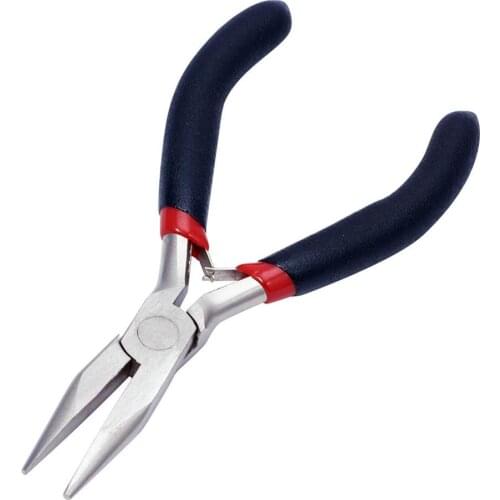 Jewelry Pliers, Chain-Nose(Flat Nose), Ferronickel, Nickel Color, Black/Red, 12.5cm long
