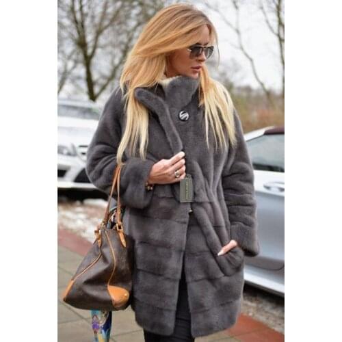 Fashion Real Fur Coats Woman Winter New Grey Color Stand Collar Natural Mink Fur Coat for Women Winter Fashion Fur Overcoat 2021