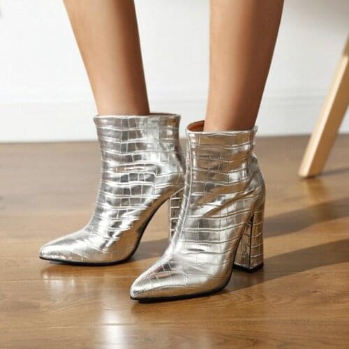 Ochanmeb Sexy High Heels Silver Gold Crocodile Leather Boots WomenS Snake Print PU Pointed Toe Booties Woman Big Size 43 Shoes