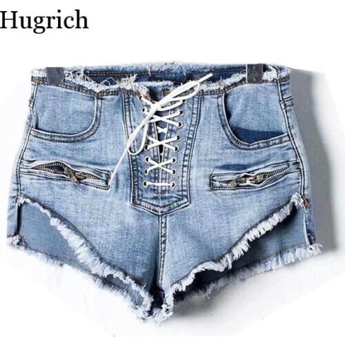 Women Loose Mid Waist Crimping Denim Shorts Fitness Cotton Pockets Lace-Up Short Jeans