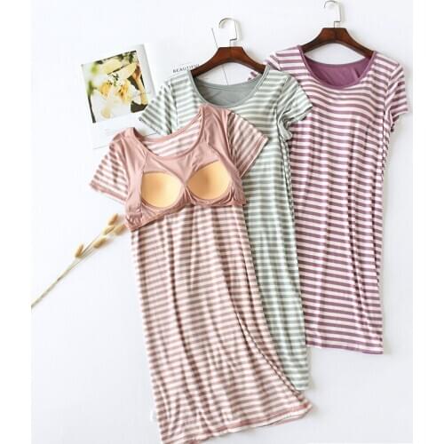 Women Modal Striped Pijamas Short-sleeved Sleeping Dress Thin with Chest Cushions Nightgown Home Skirt Plus Size Sexy Sleepwear