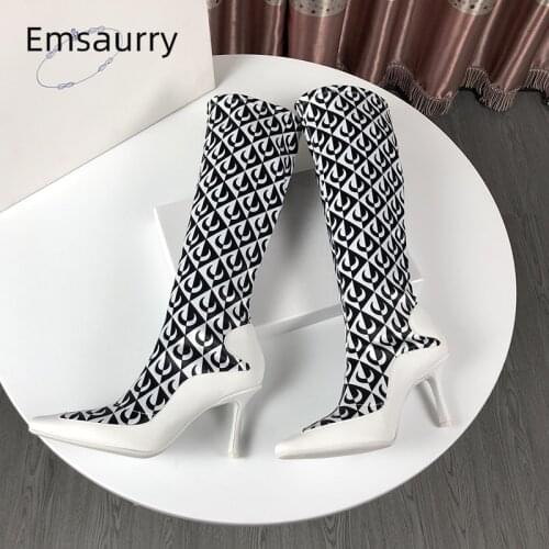 Novelty Print Moon-Shaped Stretch Fabric Women Boots Sexy Thin High Heel Point Toe Long Booties Autumn Winter Botas Mujer