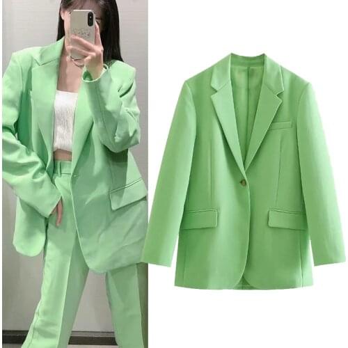 WESAY JESI Za Womens Blazer 2021 Solid Color Green Office Casual Jacket Long Sleeve Button Pocket Fashion Elegant Women Blazer