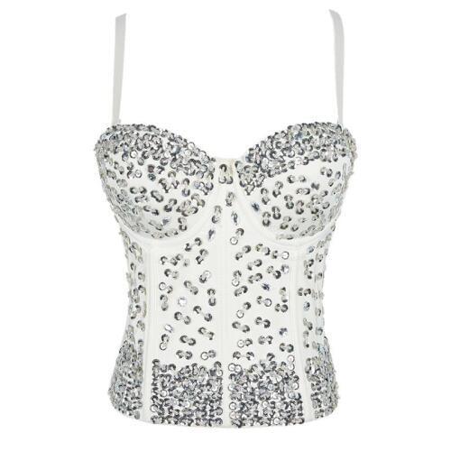 Womens Sexy Underbust Corset Top Sequined Gothic Clothing Beads Braces Lingerie Outfits Overbust Corselet Lady Party Costume Bra