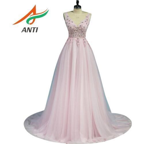 ANTI Elegant Pink prom dresses long 2018 High quality Beading Crystal Vestidos De Festa For Wedding Party Gowns Floor-Length