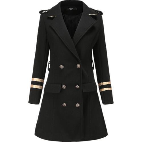Black double-breasted epaulettes military style woolen coat women 2020 autumn winter long section thickening wool blends coat